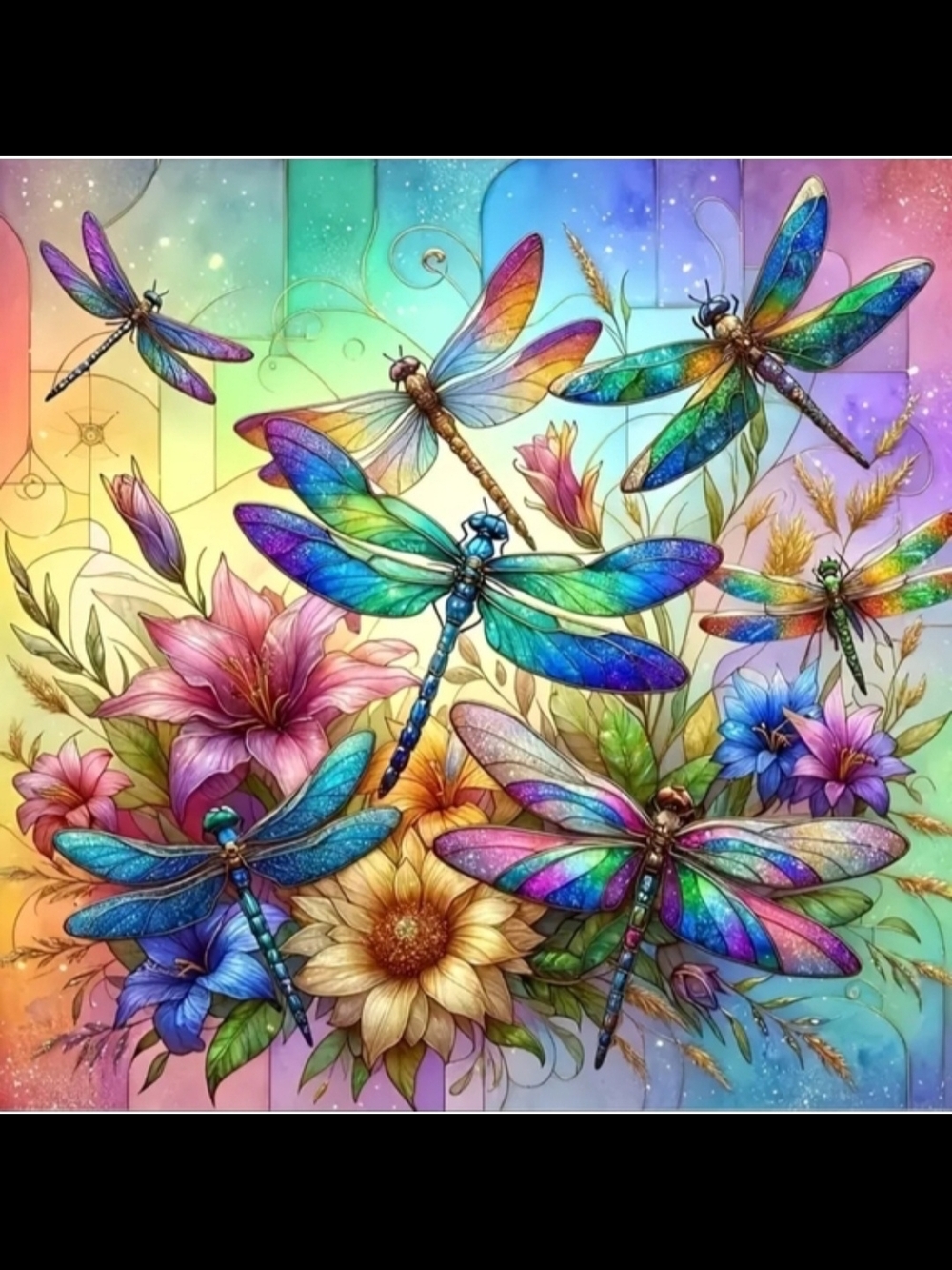 Colorful 11.8 X 15.7  Dragonfly Diamond Art Painting Kit - Rainbow Floral